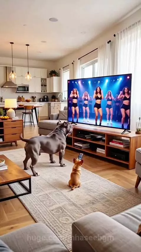 Large pit bull jumping at a TV screen, causing it to shatter. A small chihuahua watches.