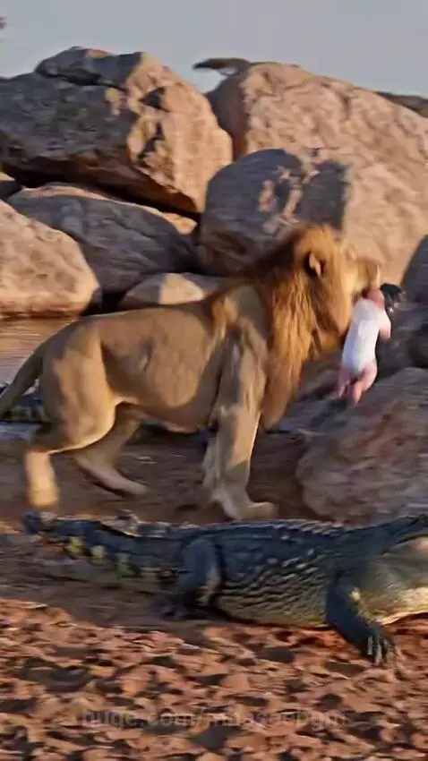 A lion gently cuddling a baby in a cave, with the lion appearing to have minor injuries.