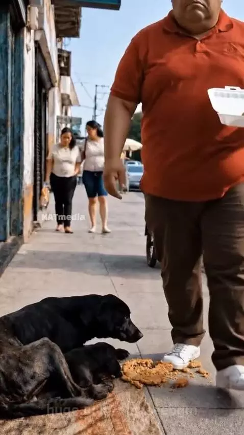 A street vendor smiling and embracing a mother dog holding a yellow flower in its mouth.
