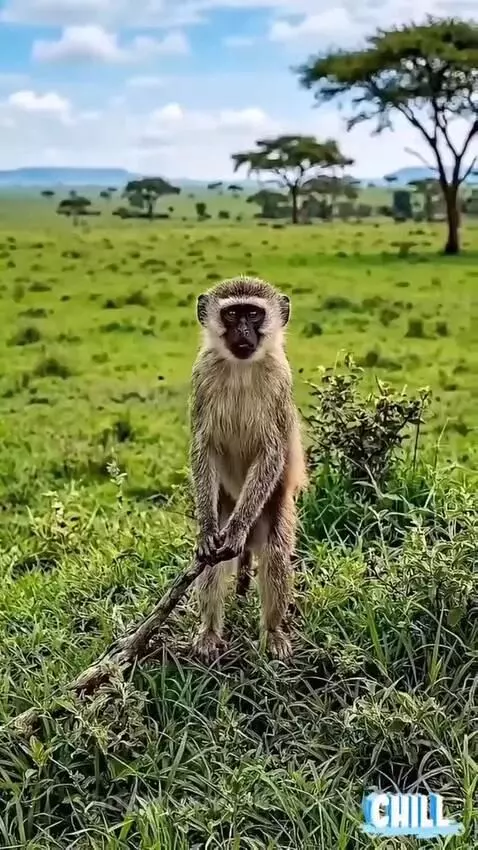 Monkey gently interacting with a deer and fawn in a savanna landscape.