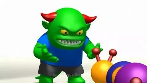 Green horned monster yelling at a distressed, crying caterpillar.