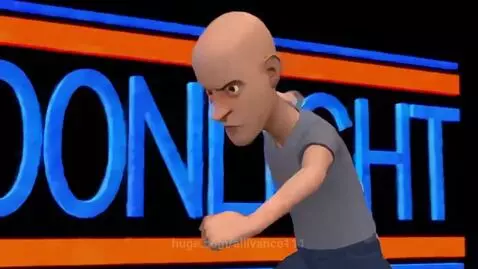 Bald animated man in grey shirt punches a 'MOONLIGHT STUDIOS' logo, shattering it into pieces.