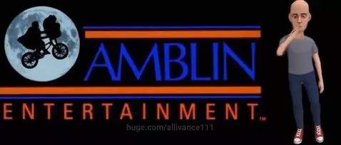 3D animated Caillou character destroying the Amblin Entertainment logo with kicks, text breaking into particles.