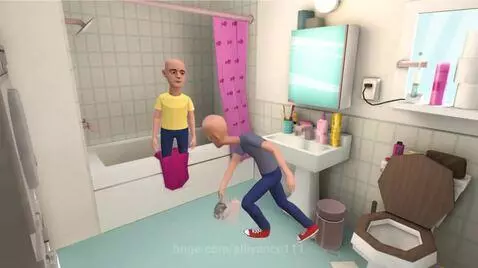 Two bald cartoon men fighting in a bathroom, one in a yellow shirt, the other in a grey shirt.