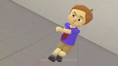 Animated boy with brown hair, blue shirt, red tie, and khaki shorts performing a dance move with a thumbs-up.