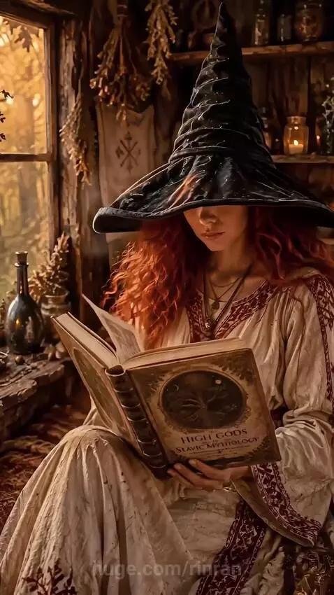 Woman in a witch hat reading an ornate book titled 'HIGH GODS SLAVIC MYTHOLOGY' in a rustic study.
