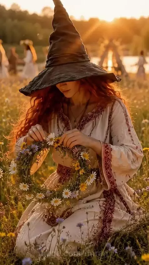 Red-haired witch in a hat and dress kneels in a wildflower field, weaving a daisy wreath at sunset.