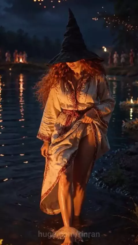 Woman in witch hat and robe walking through water at night, surrounded by floating candles and floral wreaths.