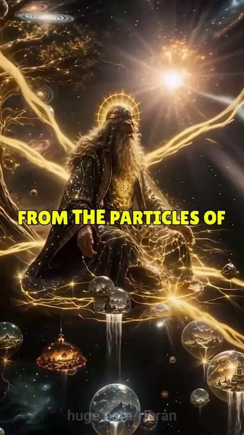 Majestic bearded figure of Rod seated on a cosmic throne, overseeing the newly formed universe with galaxies and realms.