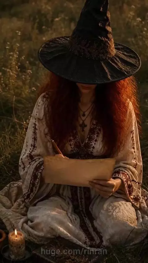 Woman with long red hair, wearing a witch hat, drawing a portrait in a sunlit meadow with a candle.