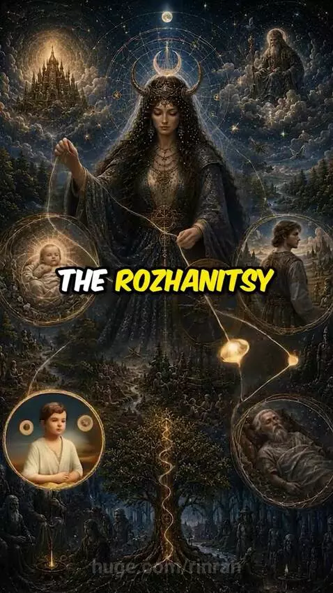 Illustration of Mokosh, the Slavic goddess of fate, weaving threads of life on a spinning wheel.