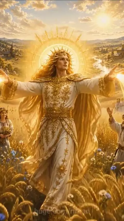 Dazhdbog, the Slavic sun god, depicted as a radiant figure in a golden chariot pulled by white horses, emanating light.