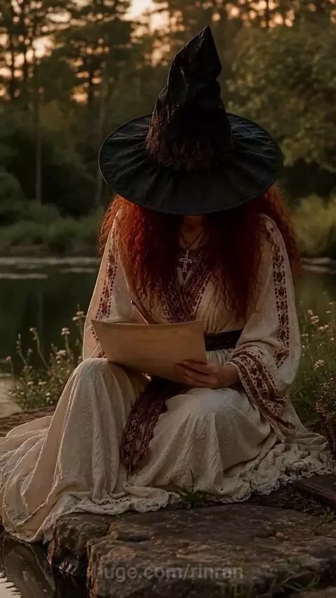 Red-haired fairy with witch hat drawing a portrait by a river at sunset with animated butterflies.