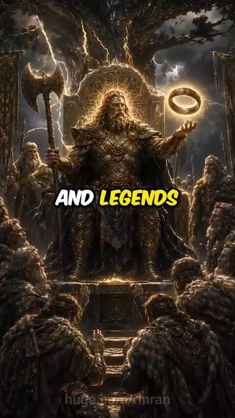AI-generated image of Perun, Slavic god of thunder, in golden armor wielding a glowing axe.