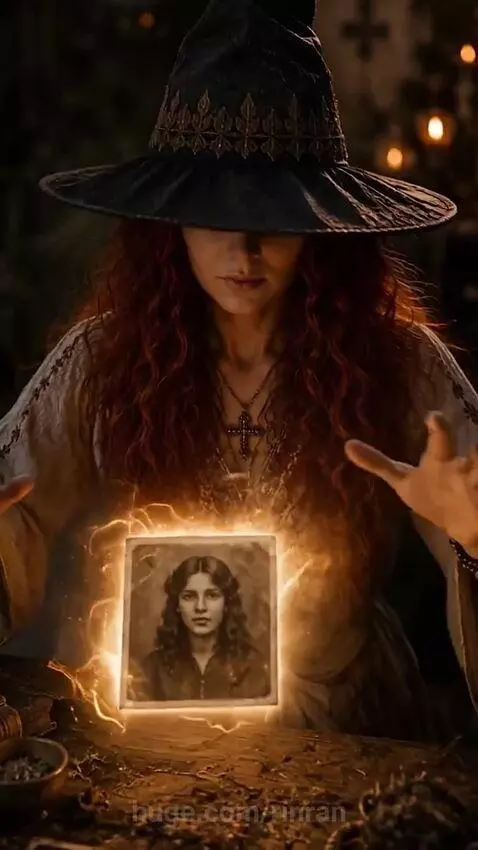 Witch with red hair and hat holding a glowing photo that transforms into a woman with elf ears and a forest background.