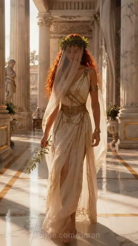 Woman with leafy crown and veil walks through classical hall, holding a branch.