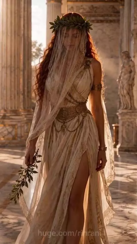 Slavic witch with red hair and leafy crown in an opulent ancient setting with golden sunlight.