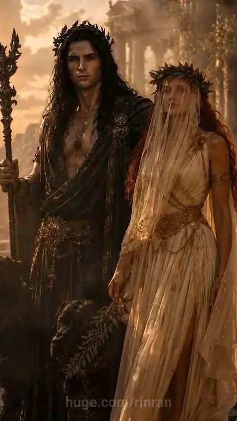 Hades and Persephone figures in ornate robes and a flowing dress, standing in ancient ruins at sunset with glowing staff and sparkling effects.