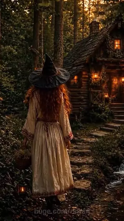 Woman in witch hat walking through enchanted forest towards a cozy, lit cabin with a basket of flowers.