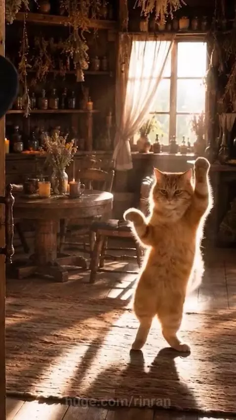 Fluffy orange cat standing on hind legs, paws moving playfully, in a cozy room decorated with herbs.
