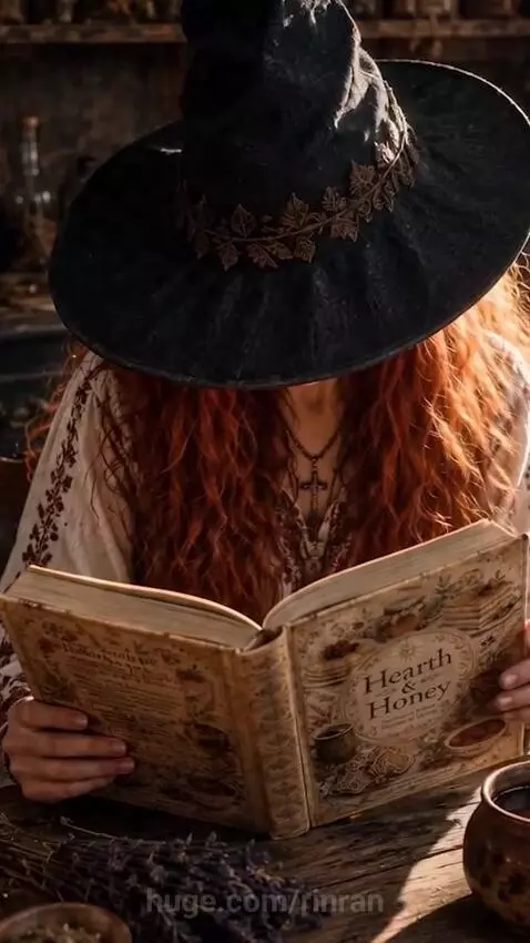 Person in witch hat reading antique recipe book 'Hearth & Honey' in a dimly lit, apothecary-like setting.