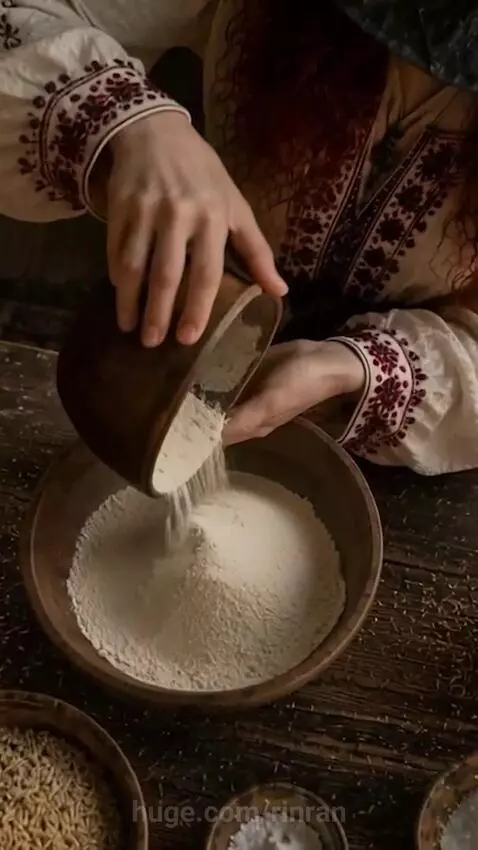 Person in traditional attire making lacy blini pancakes on a hot pan in a rustic kitchen.