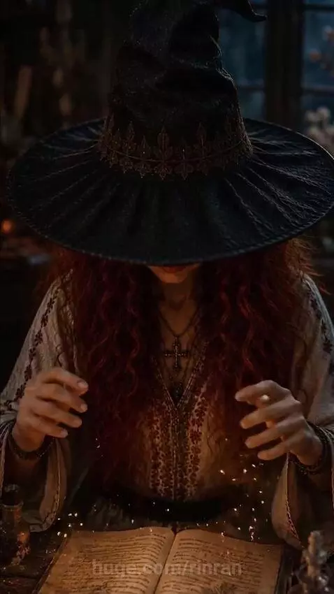 A witch casts a spell on a photograph, transforming it into a fantasy story with a magical woman.