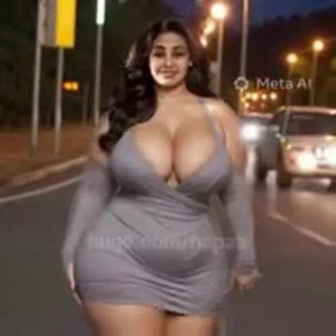 Woman with long dark hair and curvy figure in a tight grey dress walking on a street at night, smiling.