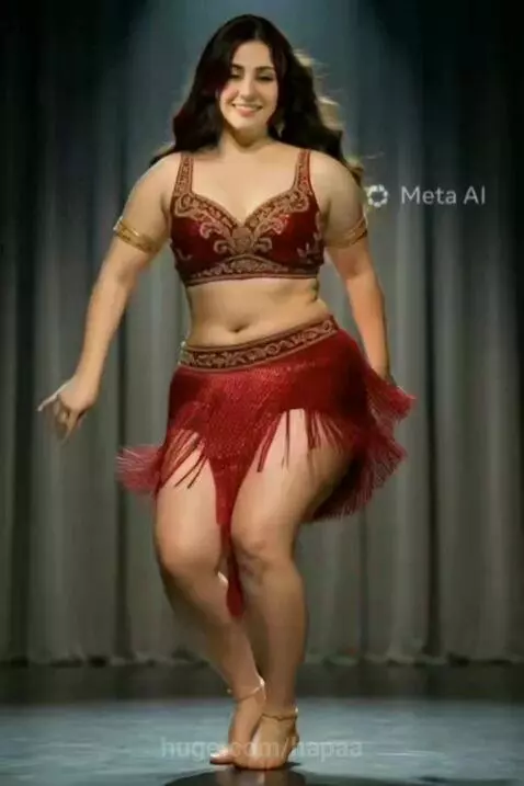 Woman with long dark hair performing a belly dance in a sparkling red and gold costume on a dark stage.