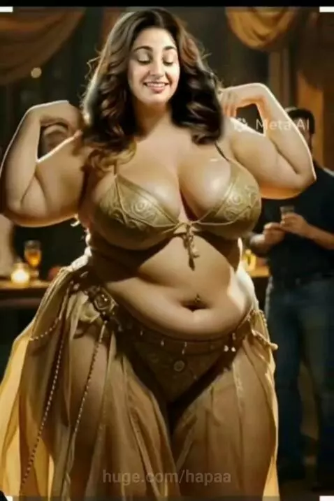 Woman with exaggerated features in a gold belly dancer costume, smiling and posing.