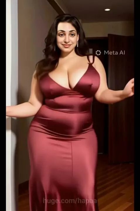 Woman with long dark hair in a tight, shiny maroon maxi dress, posing against a wall.