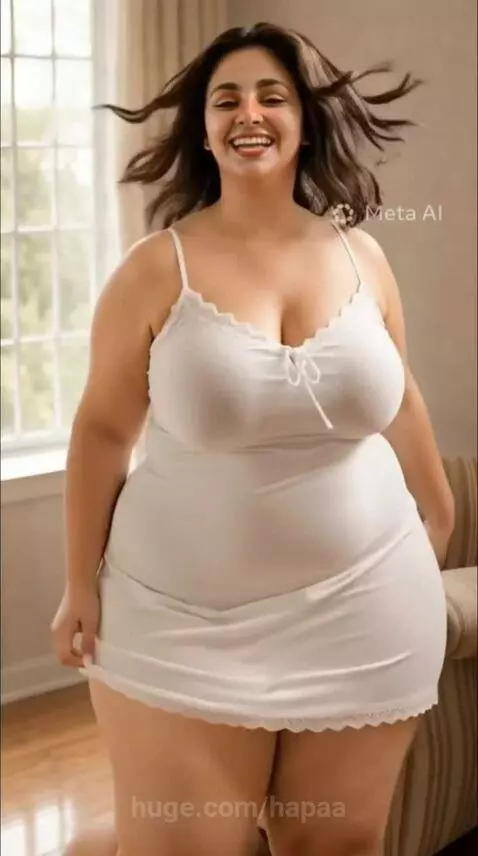 Woman with dark hair and full figure dancing in a white, sheer slip dress, smiling.