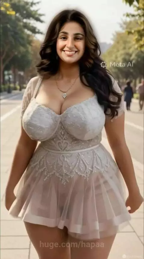 Woman with long dark wavy hair, wearing a short, sheer lace dress, smiles and walks towards the camera.