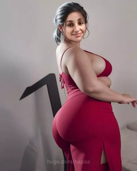 Woman in a tight, revealing red dress with silver fringe, dancing with exaggerated proportions.