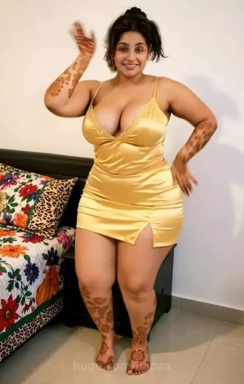 Woman with dark hair in a gold slip dress with henna tattoos, posing in a bedroom.