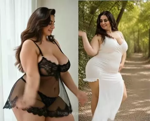 Plus-size woman dancing in black lace lingerie and a white dress with a high slit.