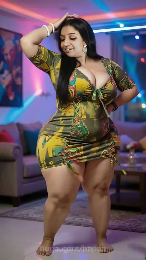 Woman with long dark hair in a tight, short olive-green dress with abstract pattern, posing in a living room.