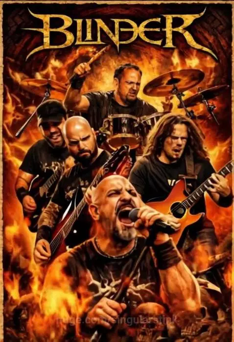 Heavy metal band Blinder performing with fiery, hellish background and skulls.