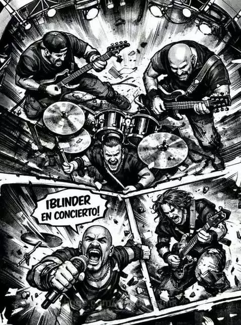 Black and white comic-book illustration of the metal band Blinder performing live with intense energy.