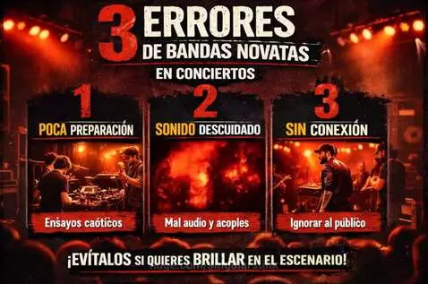 Promotional graphic for new bands detailing 3 stage mistakes: lack of preparation, poor sound, and no audience connection.