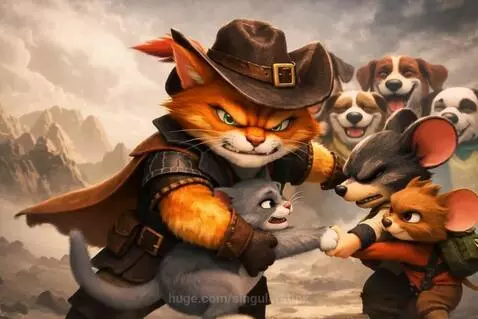 Anthropomorphic orange cat and grey cat in a tug-of-war with two mice, dogs watch in the background.