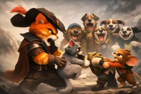 Animated cat and mouse in a tug-of-war, with dogs laughing in the background.
