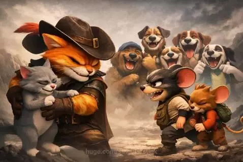 Anthropomorphic orange cat holding a grey cat, glaring at two mice, with laughing dogs in the background.
