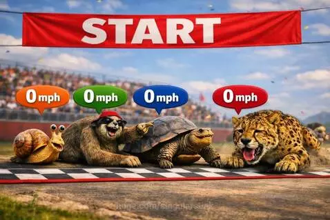 Garden snail, sloth, tortoise, and cheetah lined up at a checkered start line with 'START' banner and confetti.