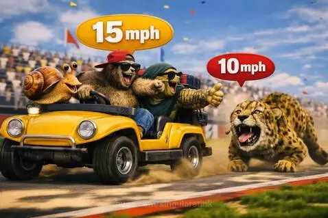 A yellow dune buggy with a sloth, snail, and tortoise crosses the finish line ahead of a tired cheetah.