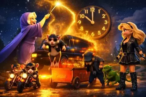 Cinderella's magical rock transformation: Fairy Godmother, rock van, mice rockers, and Cinderella in leather.