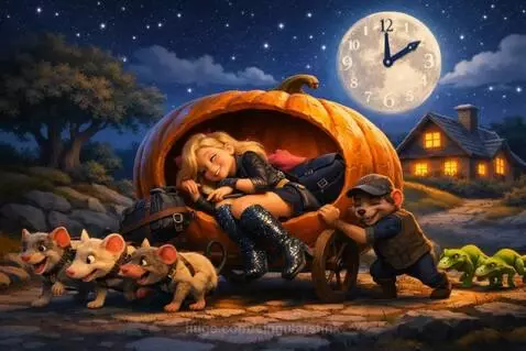 Cinderella sleeping in a pumpkin carriage pulled by mice and pushed by lizards under a starry night sky with a clock moon.