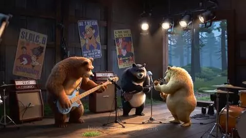 Goldilocks peeking from behind a tree at a bear band playing music on a forest stage.