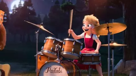 Animated Goldilocks playing drums and guitar in a forest at night, observed by two bears.