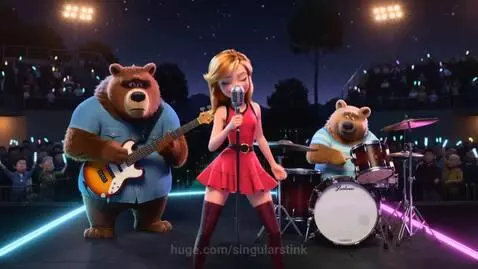Pixar-style animation of Goldilocks singing on stage with two bears playing instruments in a concert.